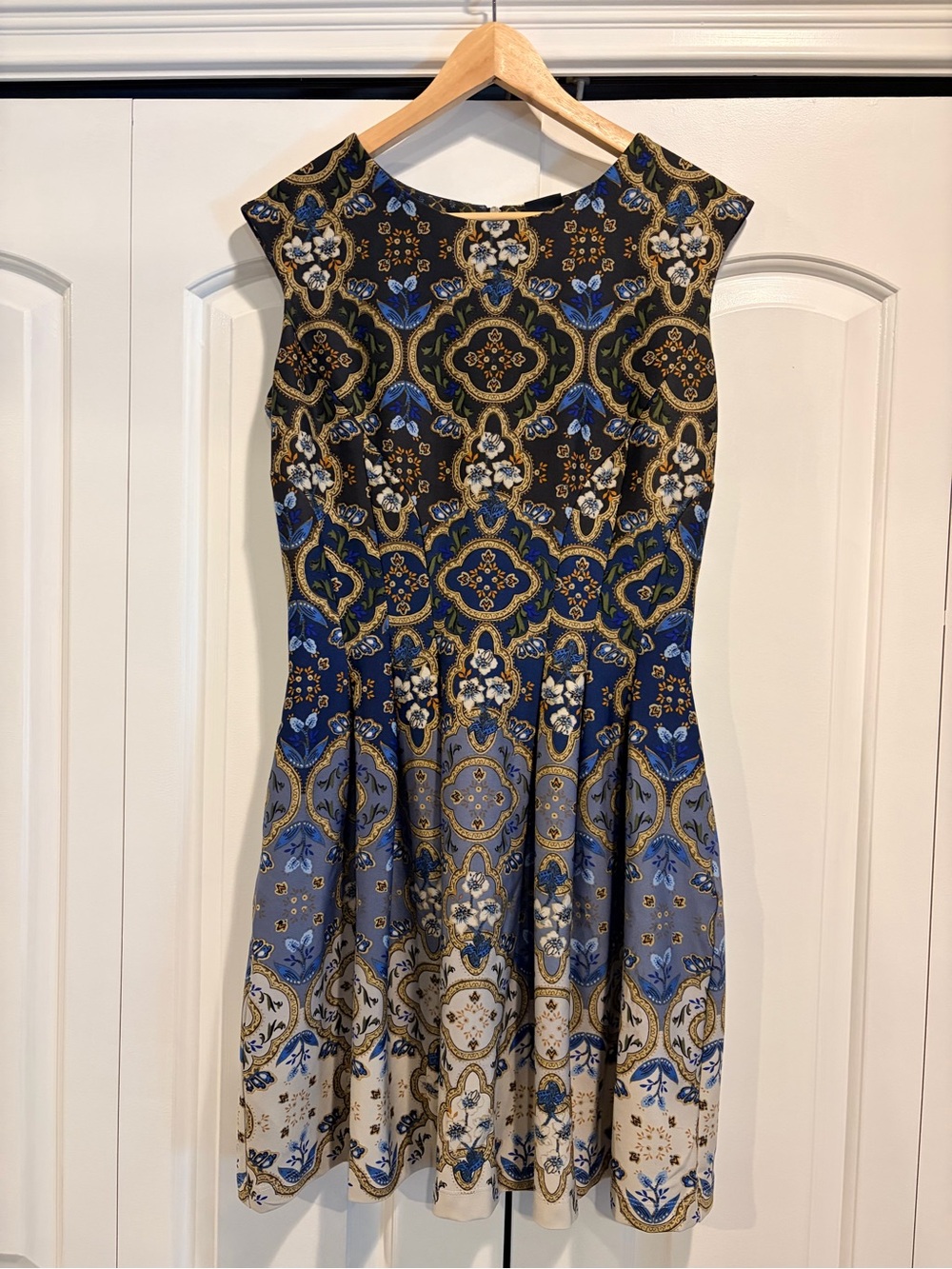 Gabby Skye Black, Blue, Cream & Gold Medallion Fit-and-Flare Dress